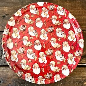 Vintage 13” Round Metal Christmas Party Tray w/ Old 1950's Santa Design EUC